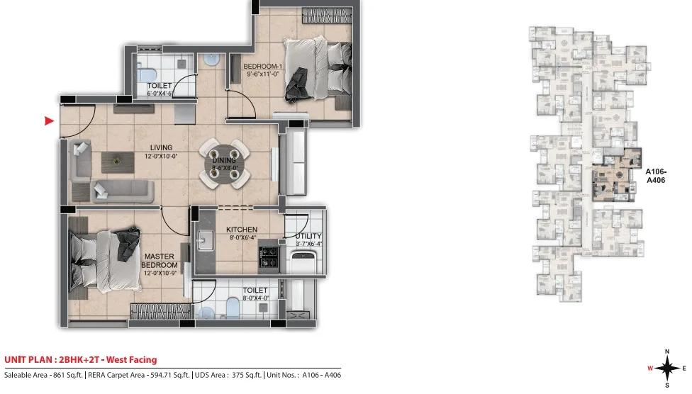 DRA Urbania 2 BHK floor plan, about 861 sq ft