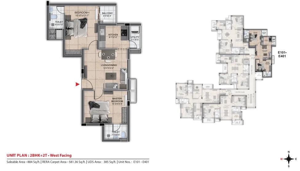 DRA Urbania 2 BHK floor plan, about 884 sq ft