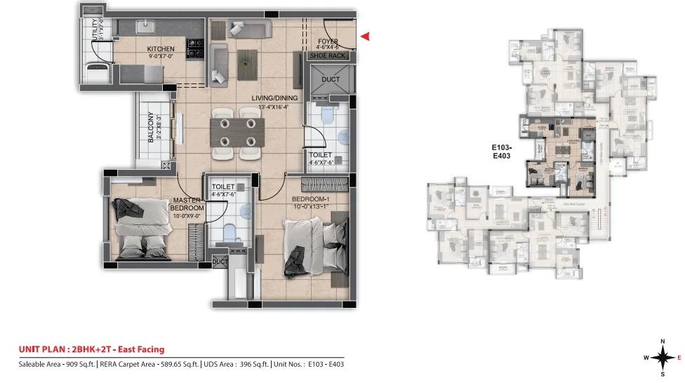 DRA Urbania 2 BHK floor plan, about 909 sq ft