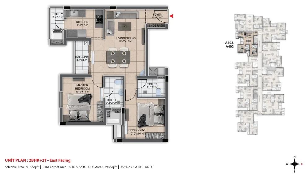 DRA Urbania 2 BHK floor plan, about 916 sq ft