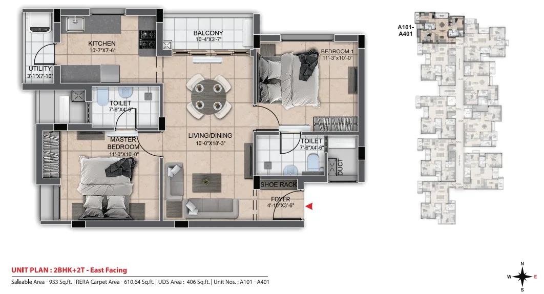 DRA Urbania 2 BHK floor plan, about 933 sq ft