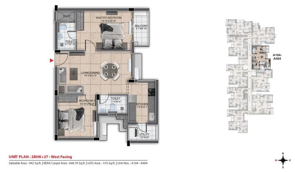 DRA Urbania 2 BHK floor plan, about 942 sq ft