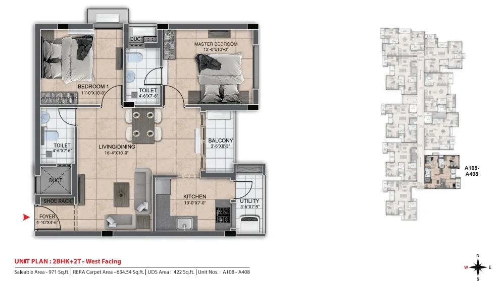 DRA Urbania 2 BHK floor plan, about 971 sq ft
