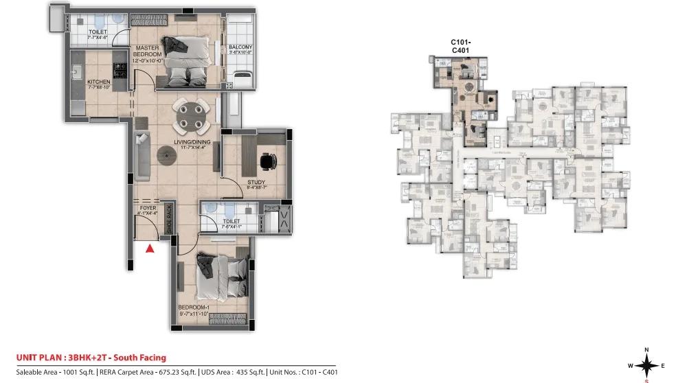 DRA Urbania 3 BHK floor plan, about 1,001 sq ft