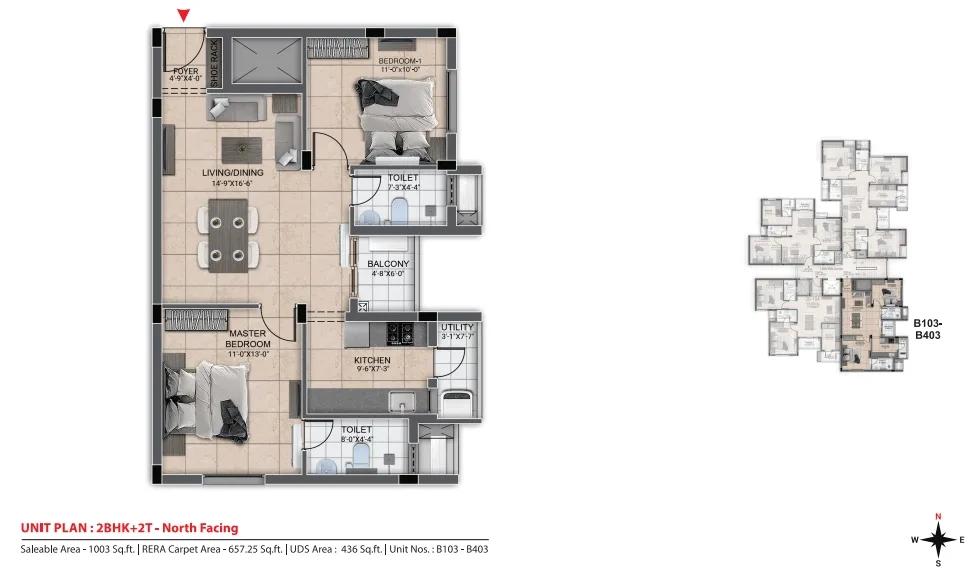 DRA Urbania 2 BHK floor plan, about 1,003 sq ft