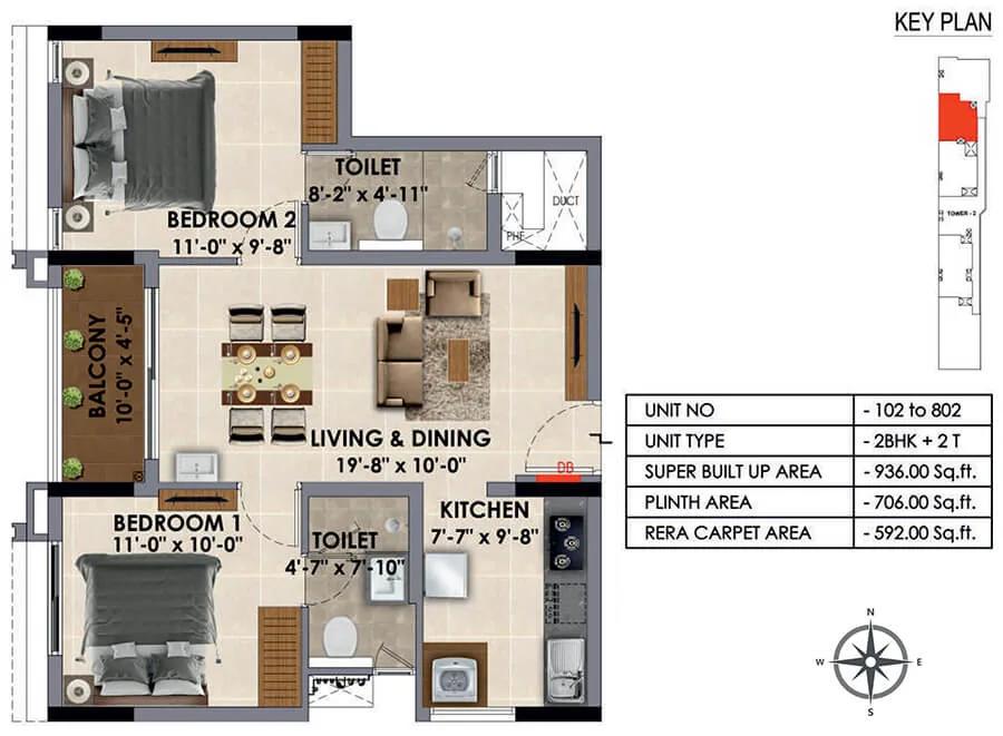 Radiance Majestic 2 BHK floor plan, about 936 sq ft