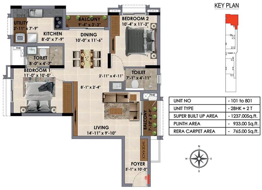 Radiance Majestic 2 BHK floor plan, about 1,237 sq ft