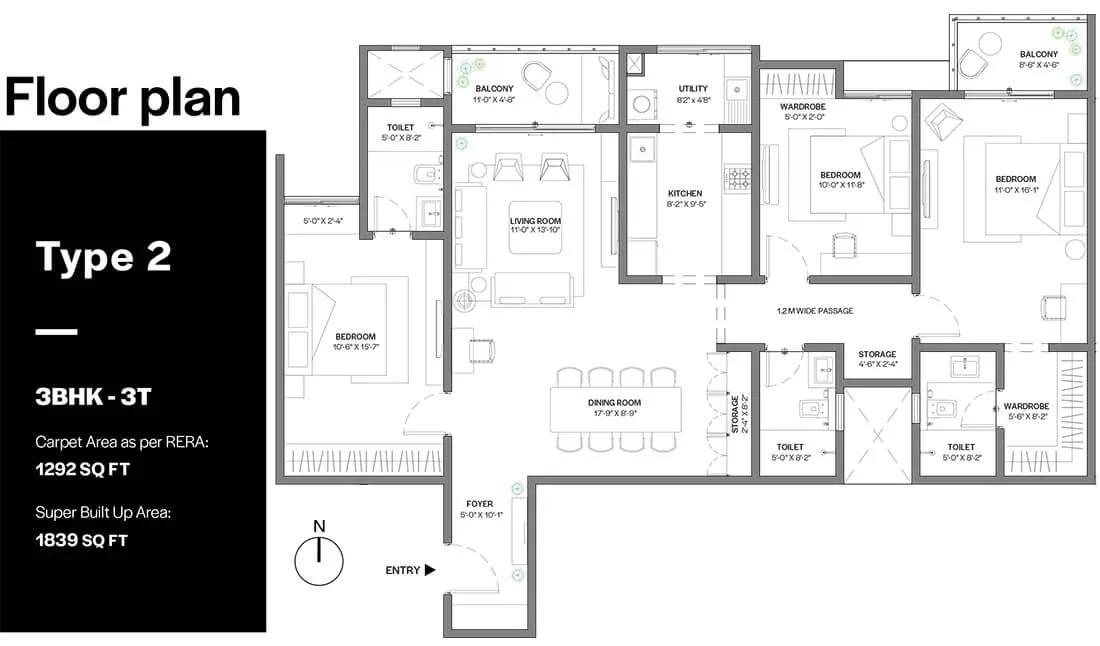 Assetz Bloom & Dell 3 BHK floor plan, about 1,839 sq ft