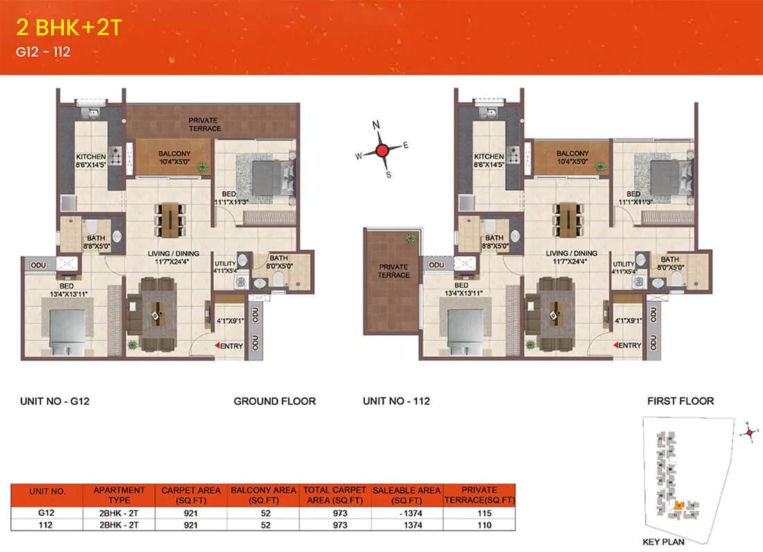 Casagrand Meridian 2 BHK floor plan, about 1,374 sq ft
