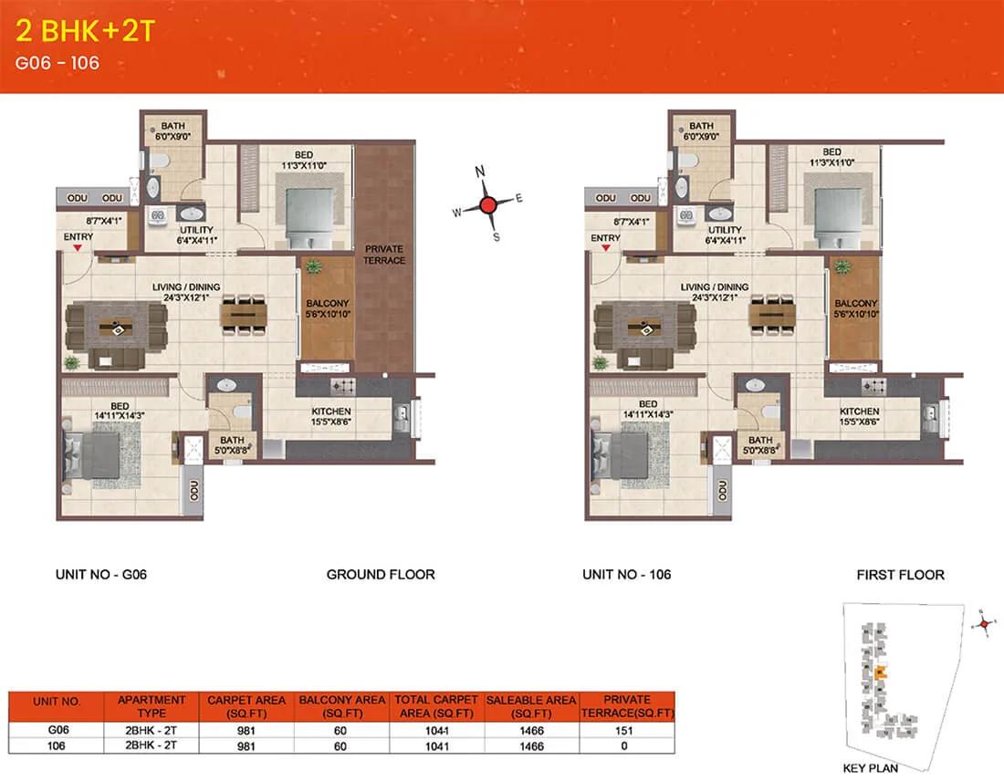 Casagrand Meridian 2 BHK floor plan, about 1,466 sq ft