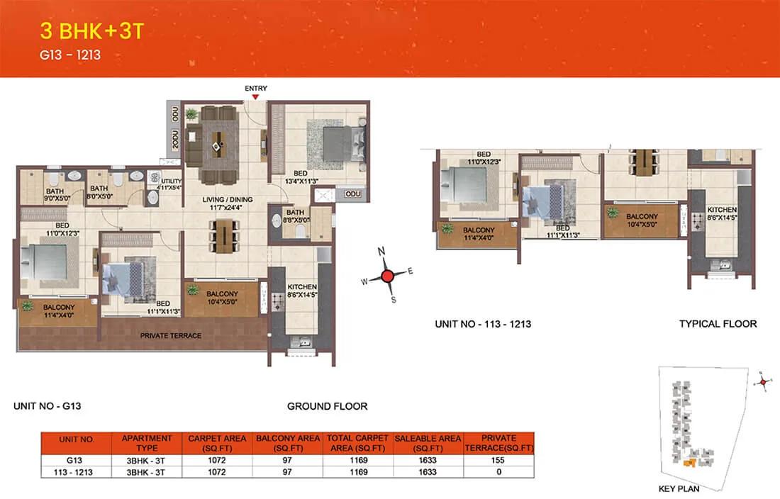 Casagrand Meridian 3 BHK floor plan, about 1,633 sq ft