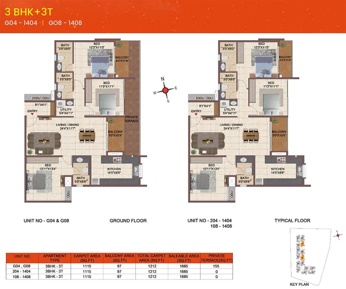 Casagrand Meridian 3 BHK floor plan, about 1,685 sq ft