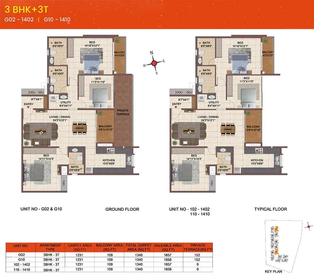 Casagrand Meridian 3 BHK floor plan, about 1,857 sq ft