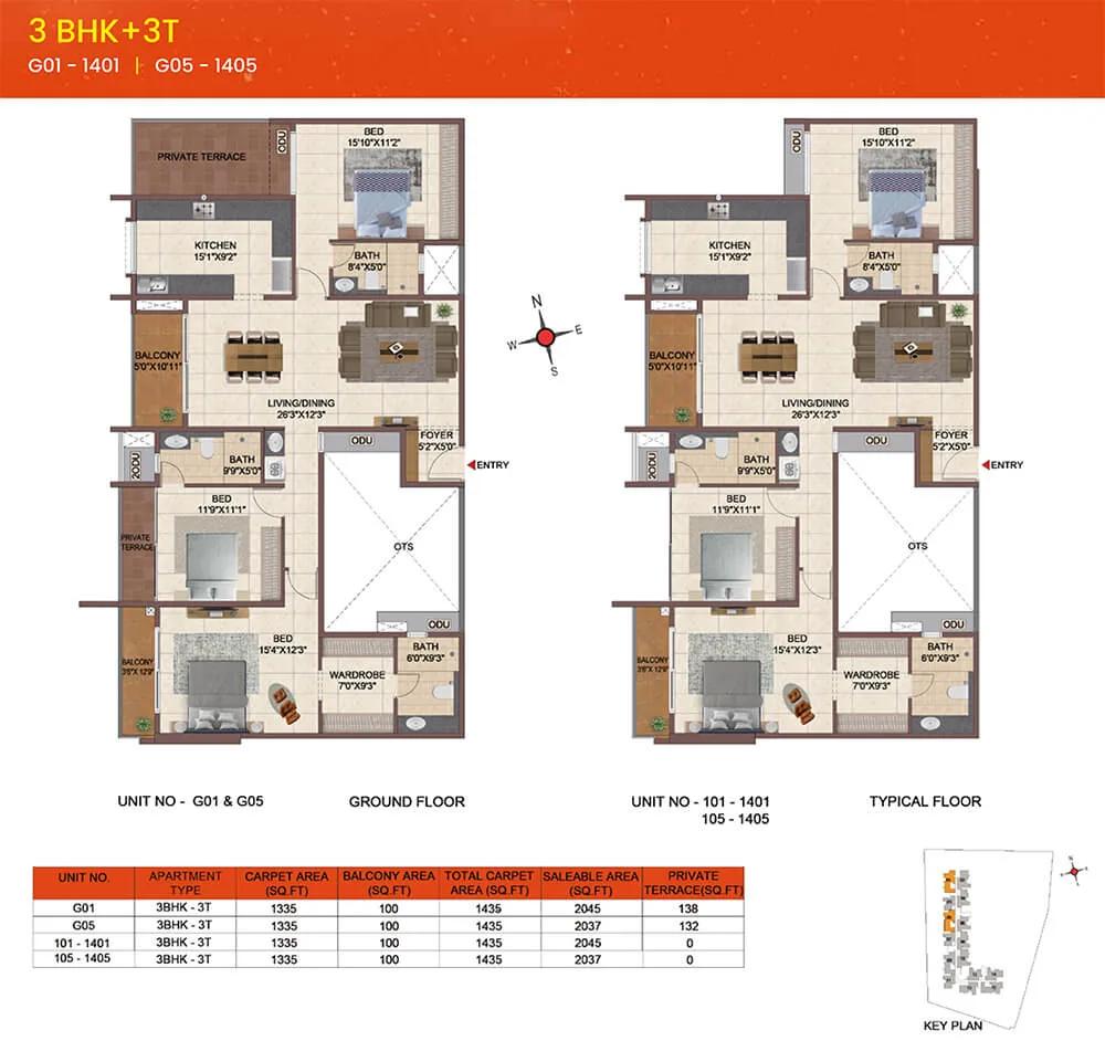 Casagrand Meridian 3 BHK floor plan, about 2,037 sq ft