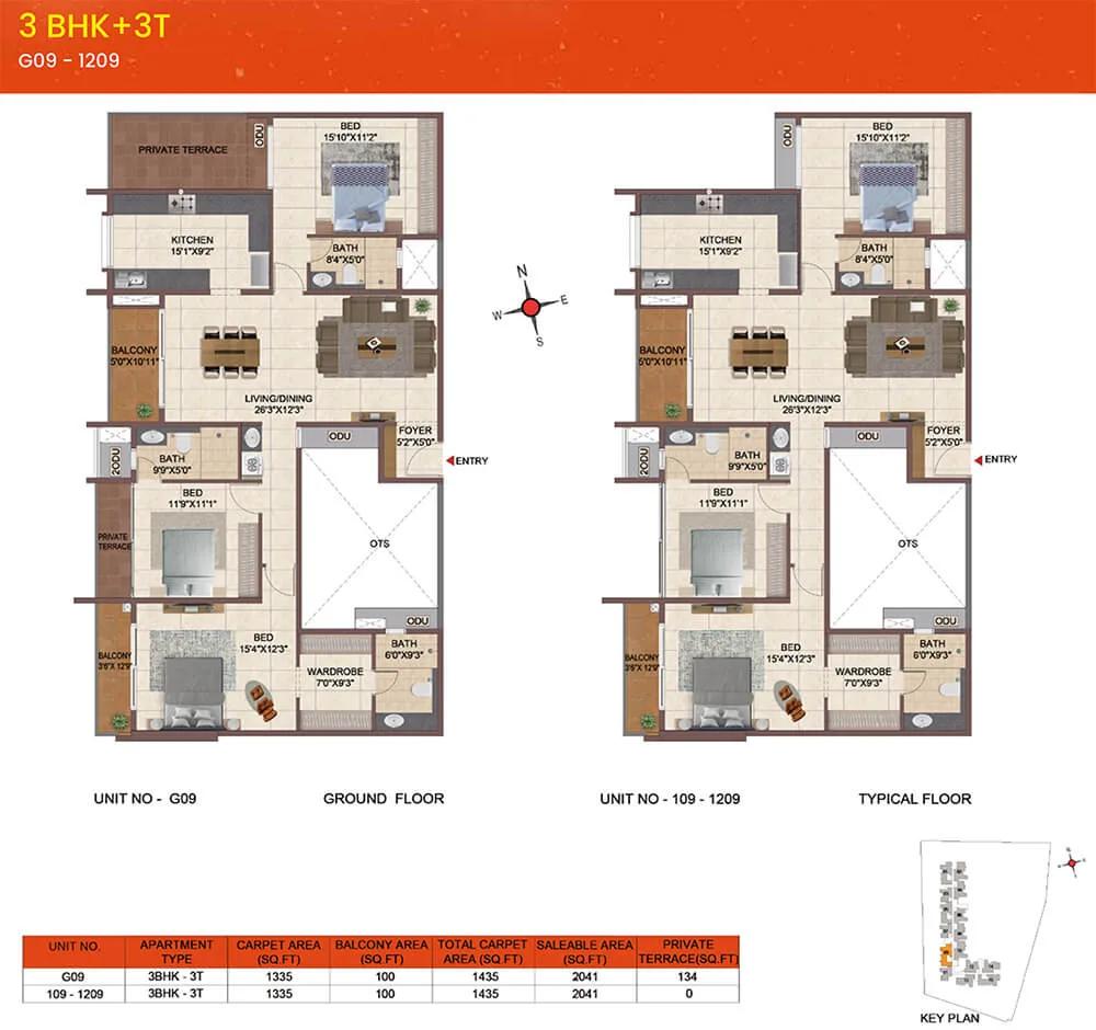 Casagrand Meridian 3 BHK floor plan, about 2,041 sq ft