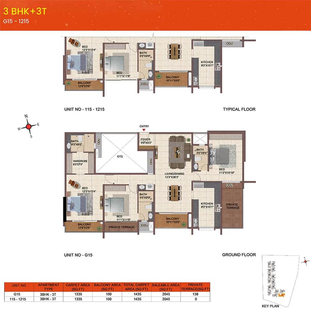 Casagrand Meridian 3 BHK floor plan, about 2,045 sq ft