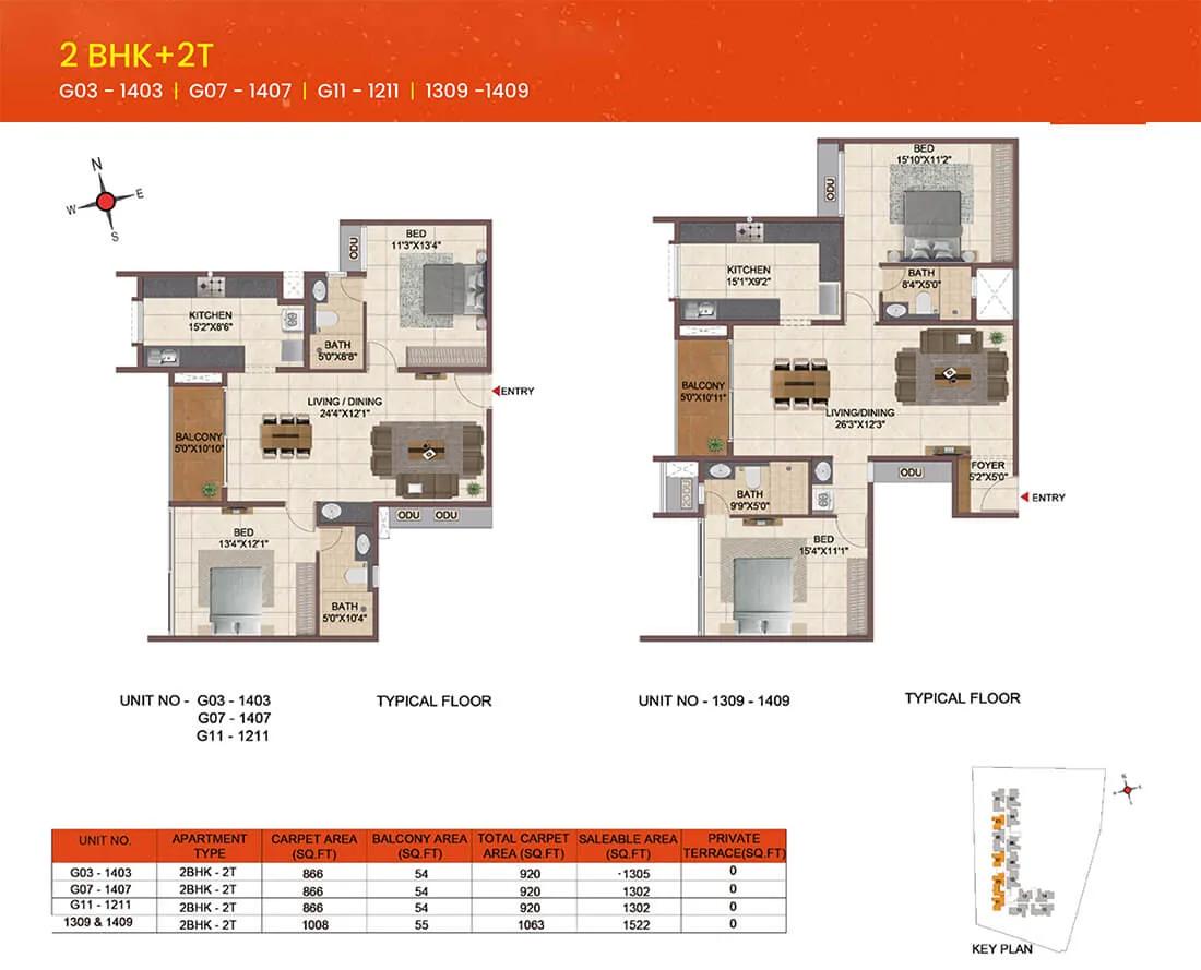 Casagrand Meridian 2 BHK floor plan, about 1,309 sq ft