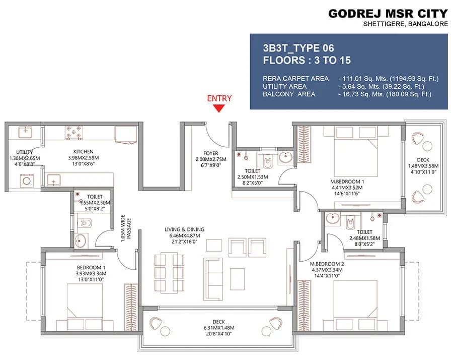 Godrej MSR City Apartments 3 BHK floor plan, about 1,420 sq ft