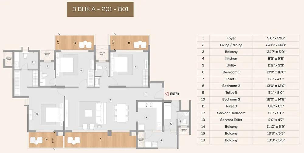 Purva Meraki 3 BHK floor plan