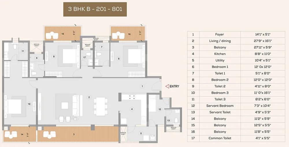 Purva Meraki 3 BHK floor plan