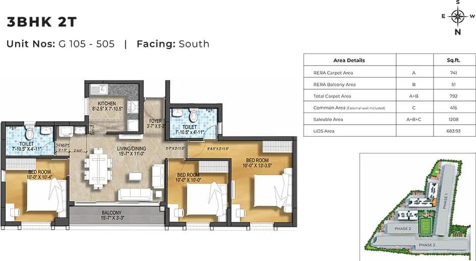 TVS Emerald Green Enclave Harmony 3 BHK floor plan, about 1,208 sq ft