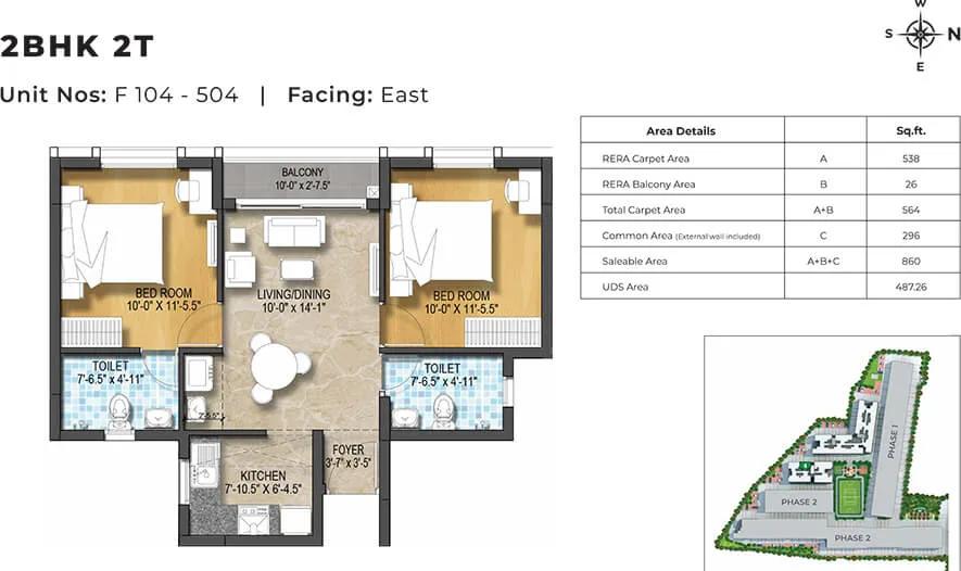 TVS Emerald Green Enclave Harmony 2 BHK floor plan, about 860 sq ft