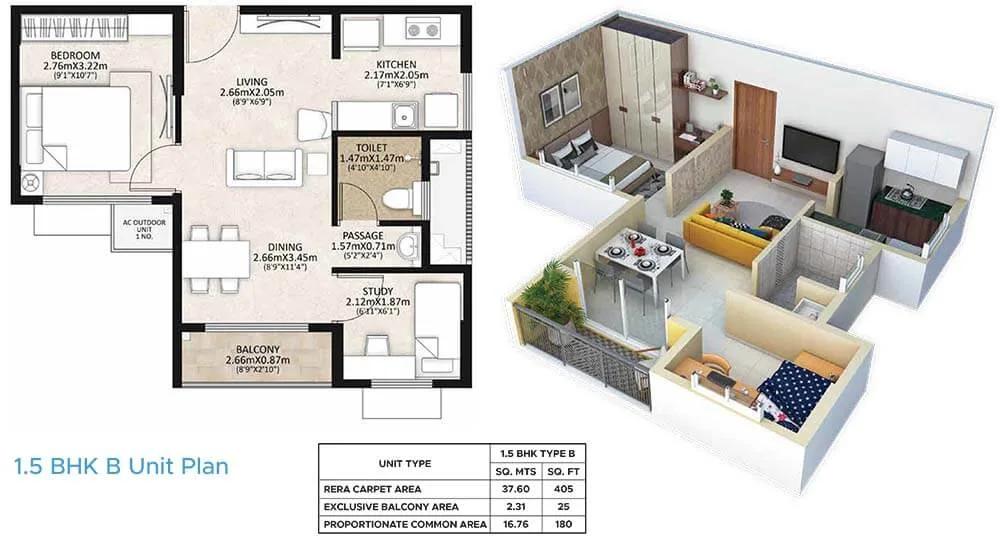 Mahindra Happinest MWC 1.5 BHK floor plan, about 610 sq ft