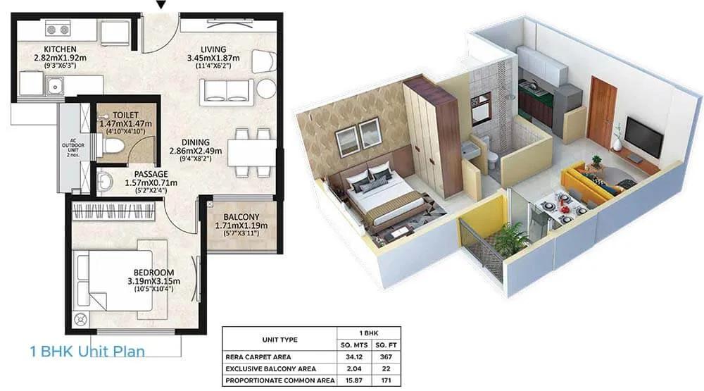Mahindra Happinest MWC 1 BHK floor plan, about 560 sq ft