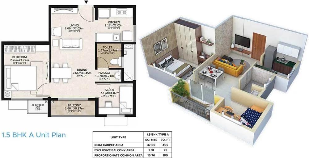 Mahindra Happinest MWC 1.5 BHK floor plan, about 610 sq ft