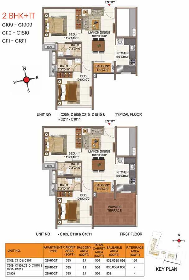 Casagrand Aria 2 BHK floor plan, about 836 sq ft