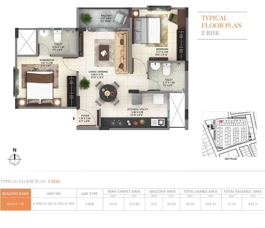 Pride Sunrise Phase 2 2 BHK floor plan, about 833 sq ft