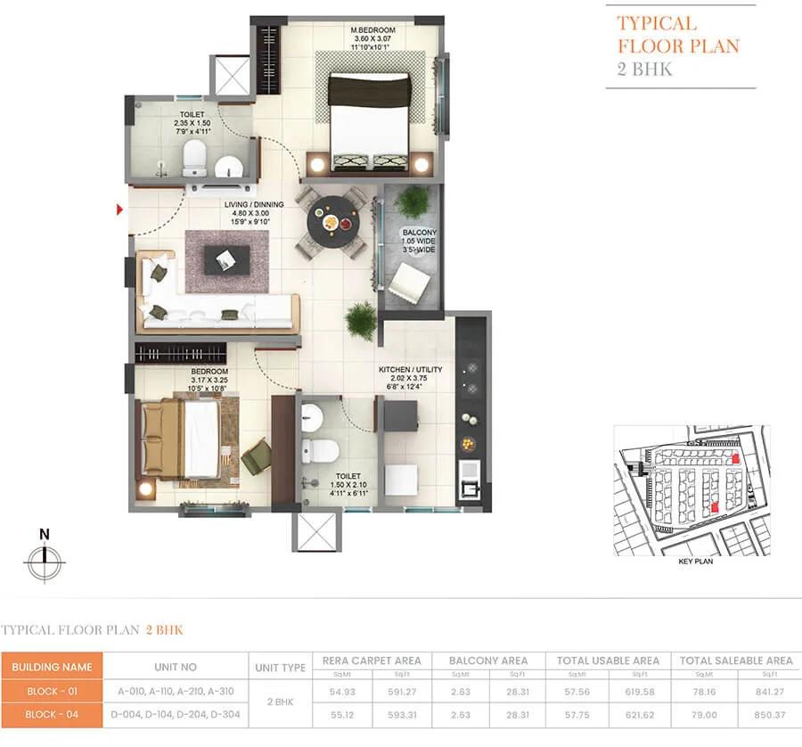 Pride Sunrise Phase 2 2 BHK floor plan, about 841 sq ft