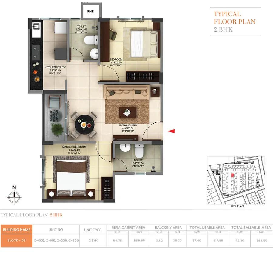 Pride Sunrise Phase 2 2 BHK floor plan, about 853 sq ft