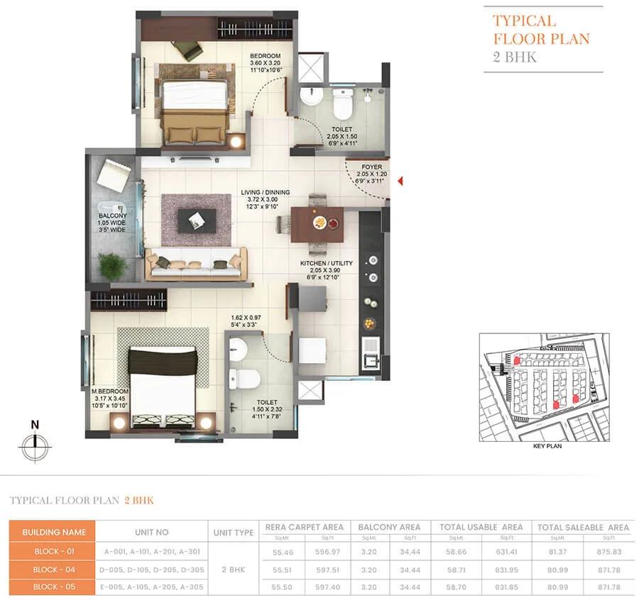 Pride Sunrise Phase 2 2 BHK floor plan, about 871 sq ft