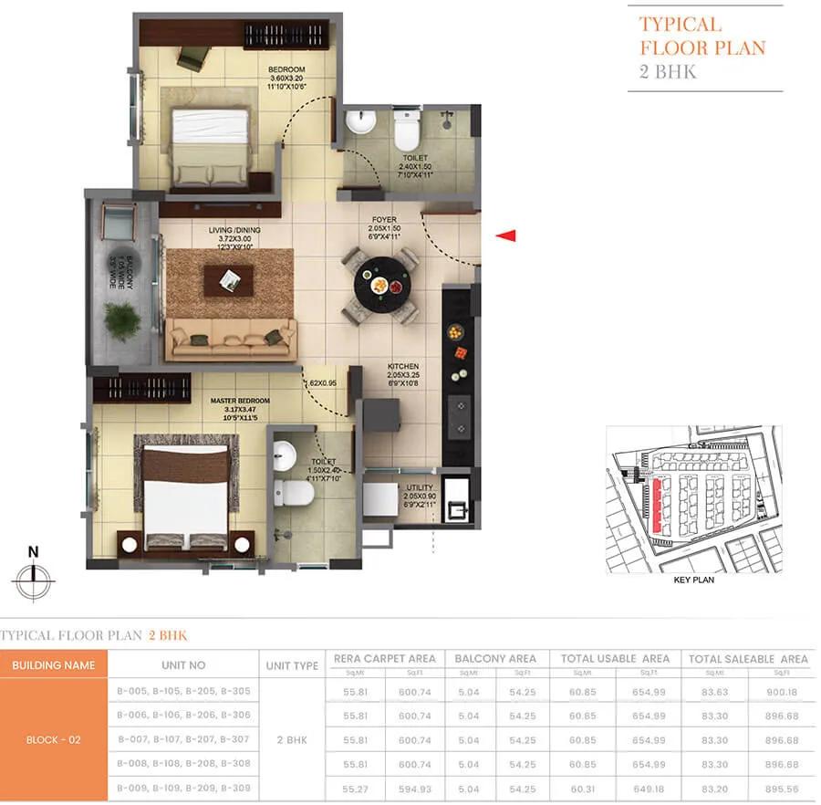 Pride Sunrise Phase 2 2 BHK floor plan, about 895 sq ft