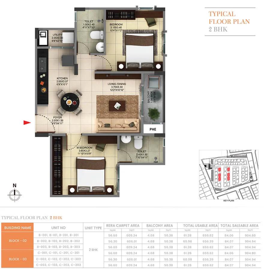 Pride Sunrise Phase 2 2 BHK floor plan, about 904 sq ft
