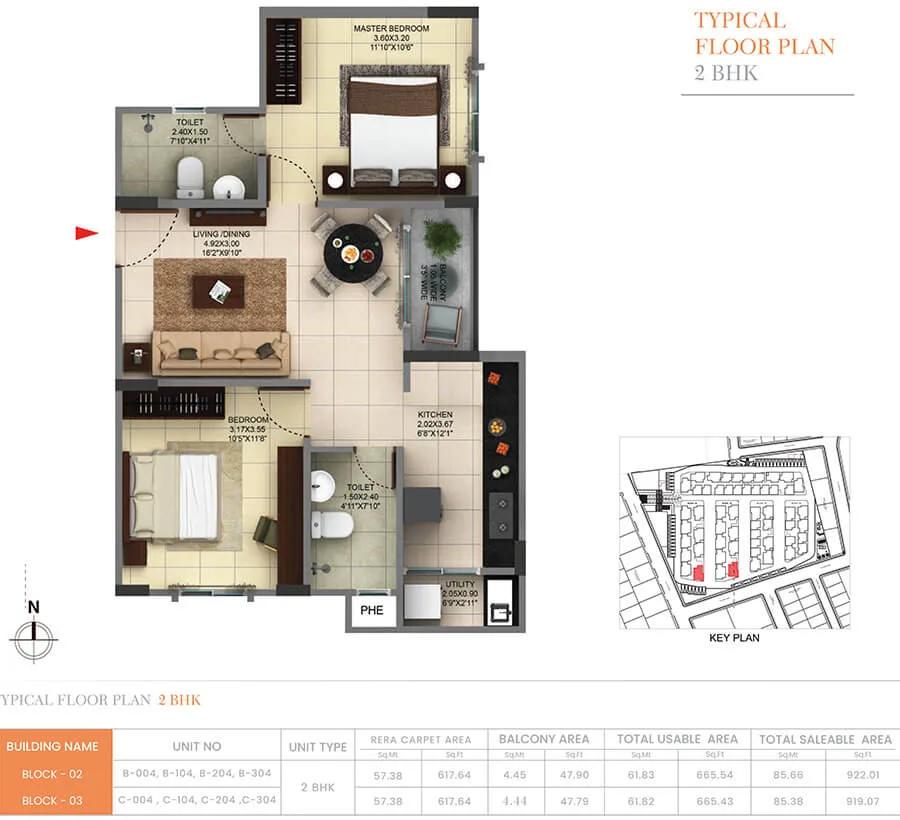 Pride Sunrise Phase 2 2 BHK floor plan, about 922 sq ft
