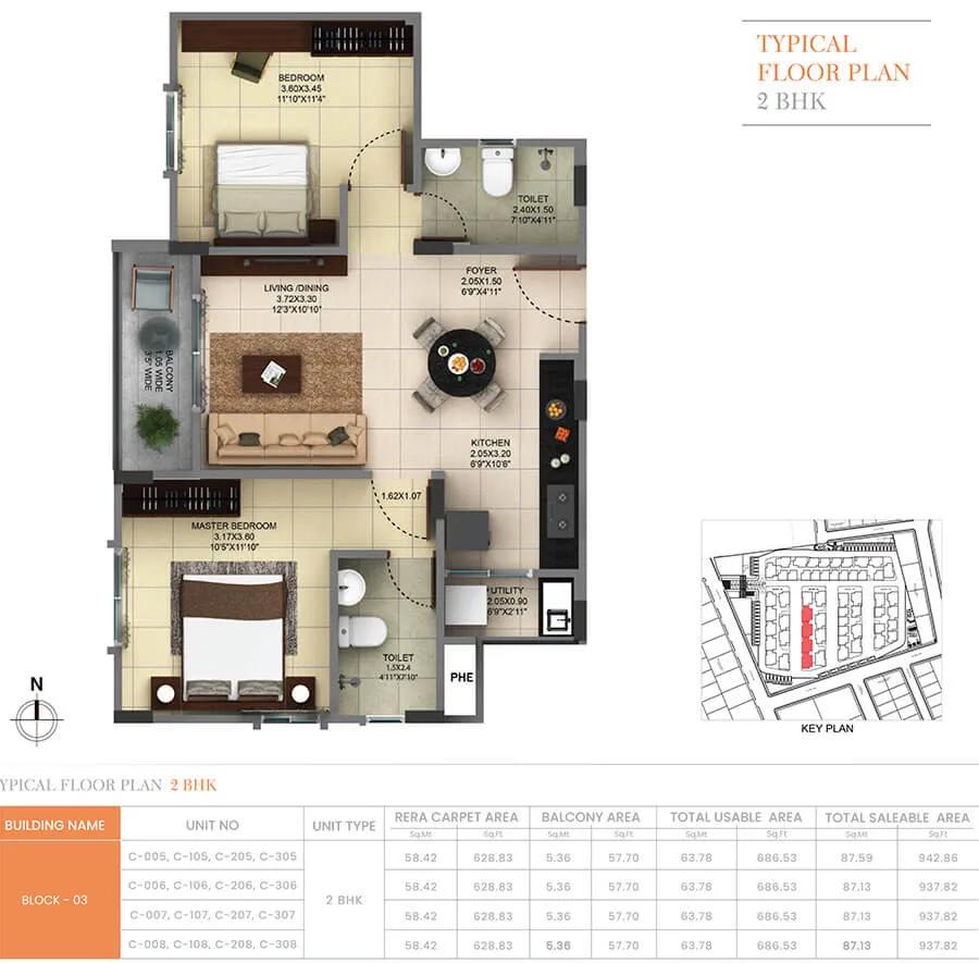 Pride Sunrise Phase 2 2 BHK floor plan, about 937 sq ft