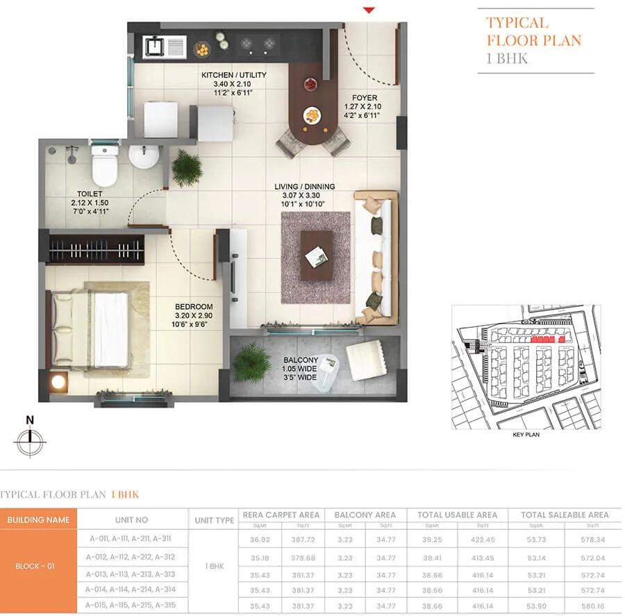 Pride Sunrise Phase 2 1 BHK floor plan, about 572 sq ft
