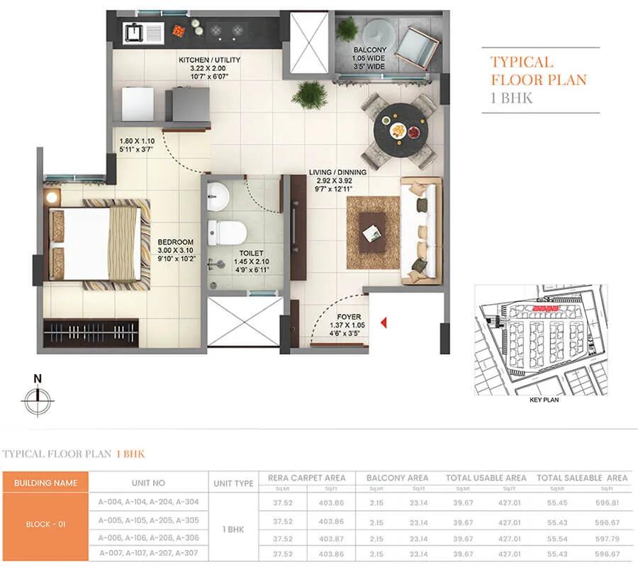 Pride Sunrise Phase 2 1 BHK floor plan, about 596 sq ft