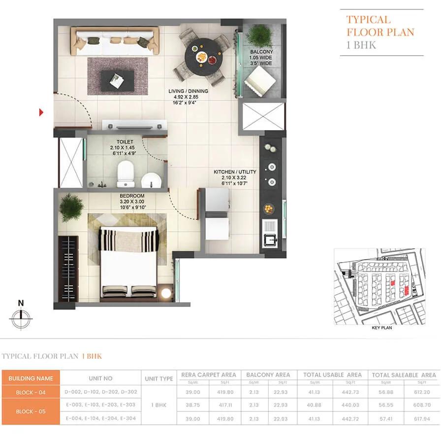 Pride Sunrise Phase 2 1 BHK floor plan, about 608 sq ft
