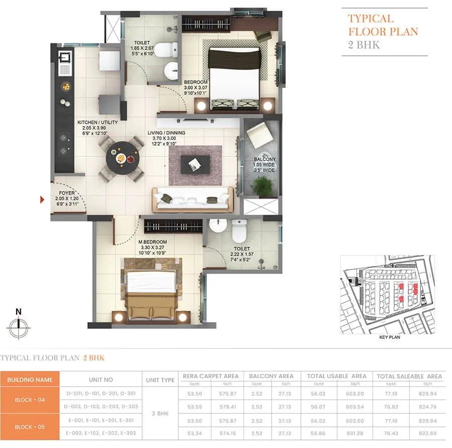 Pride Sunrise Phase 2 2 BHK floor plan, about 822 sq ft