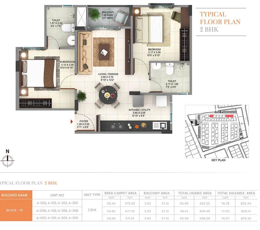 Pride Sunrise Phase 2 2 BHK floor plan, about 825 sq ft