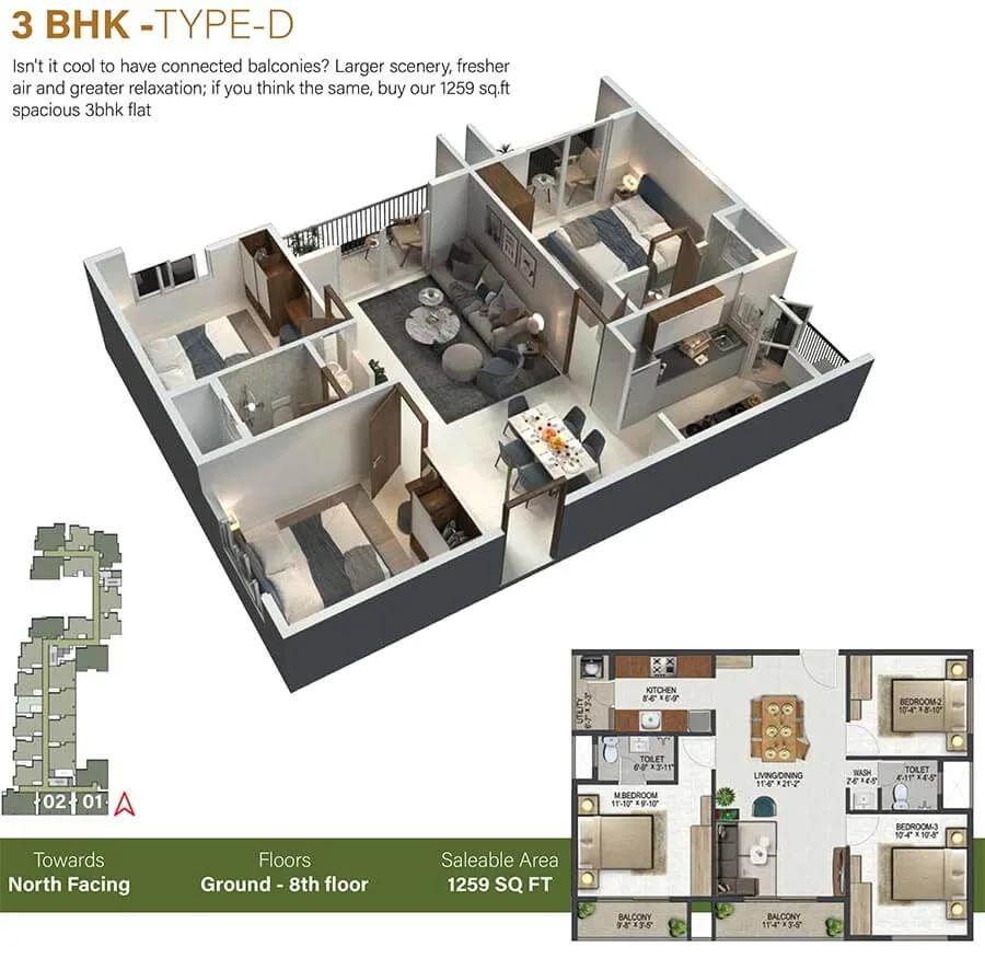 Sowparnika Olivia Nest 3 BHK floor plan, about 1,259 sq ft