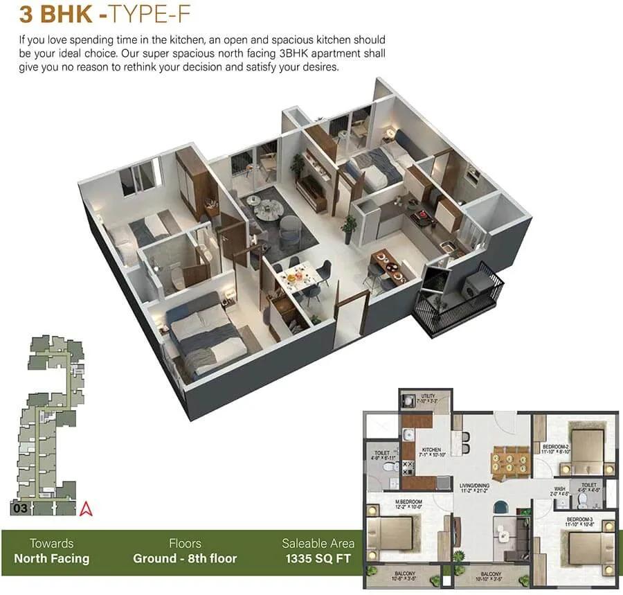 Sowparnika Olivia Nest 3 BHK floor plan, about 1,335 sq ft