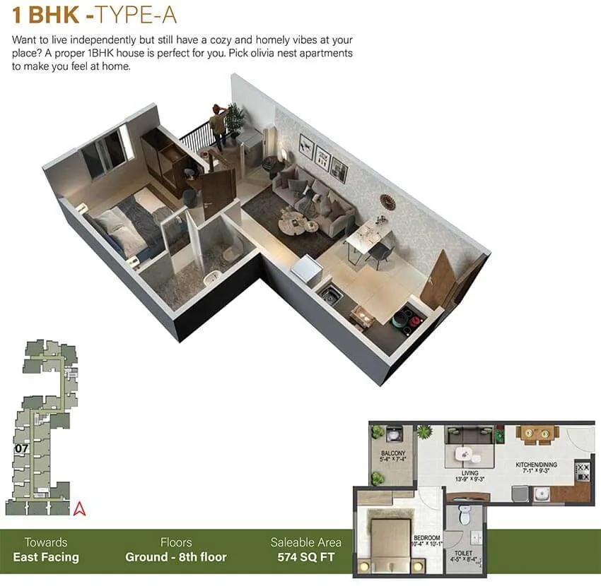 Sowparnika Olivia Nest 1 BHK floor plan, about 574 sq ft