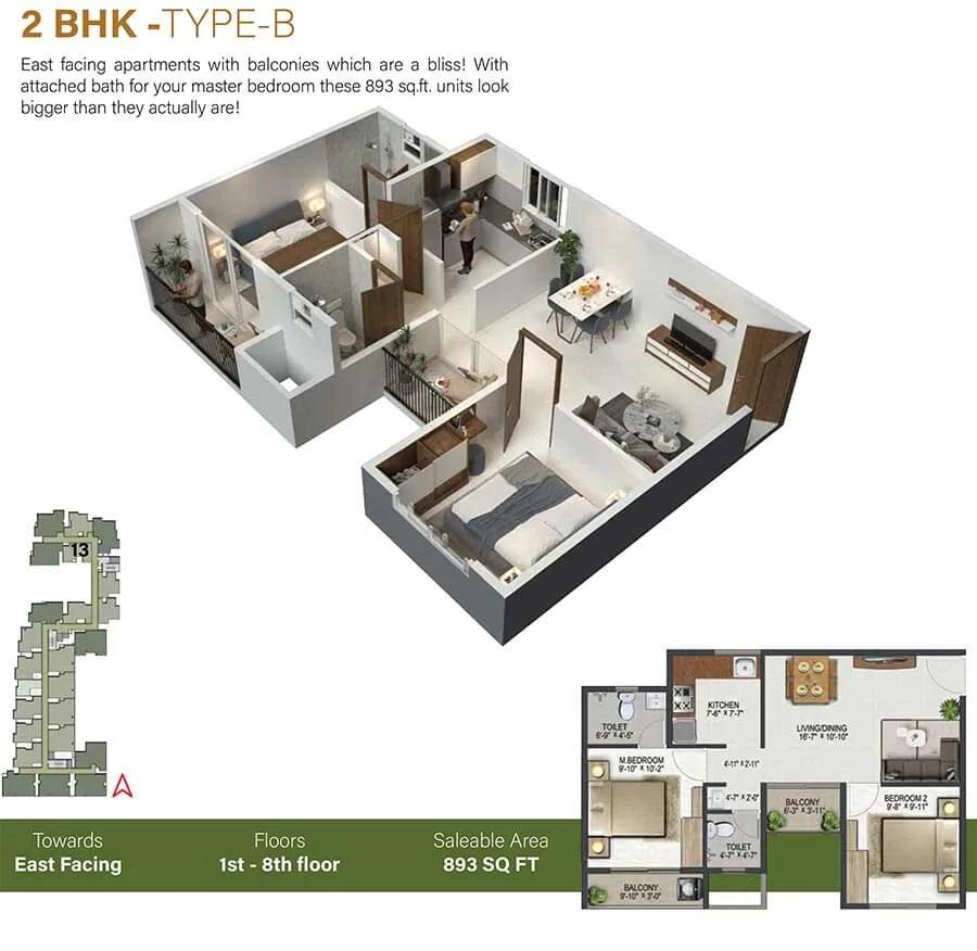 Sowparnika Olivia Nest 2 BHK floor plan, about 893 sq ft