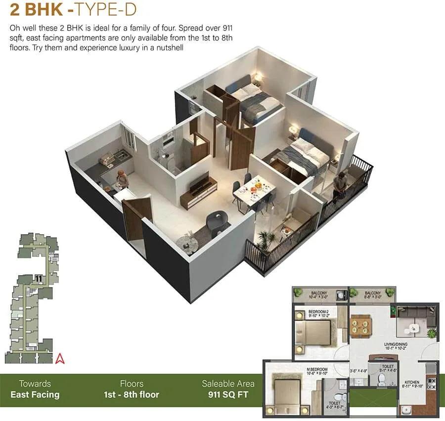Sowparnika Olivia Nest 2 BHK floor plan, about 911 sq ft