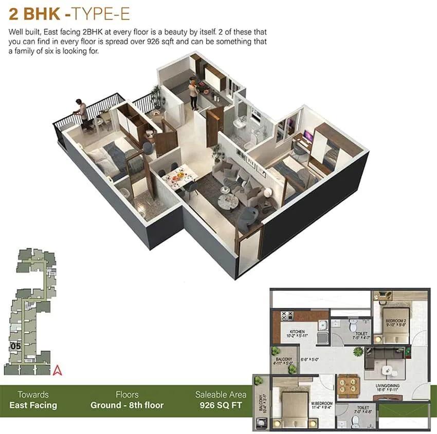 Sowparnika Olivia Nest 2 BHK floor plan, about 926 sq ft