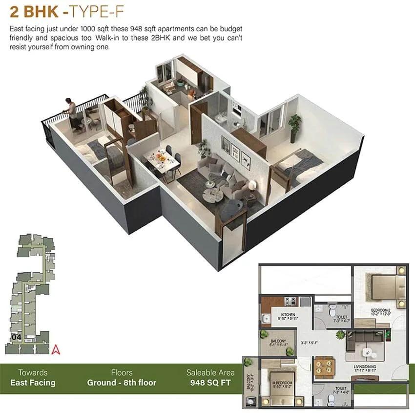 Sowparnika Olivia Nest 2 BHK floor plan, about 948 sq ft